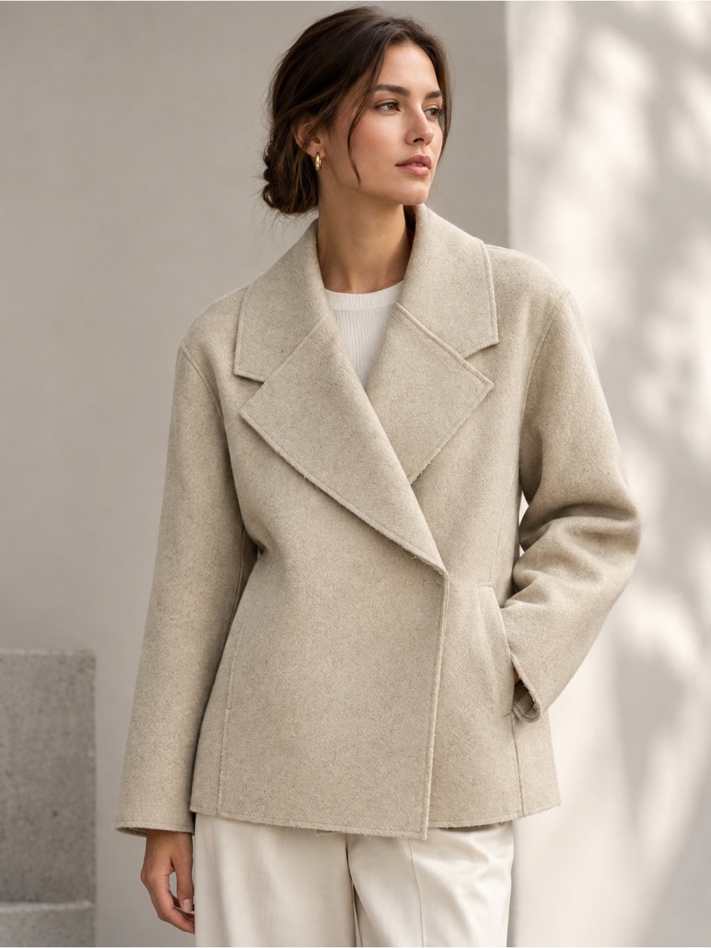 Wool-Blend Beige Peacoat Jacket - Women's Coat - Picture 2 of 3